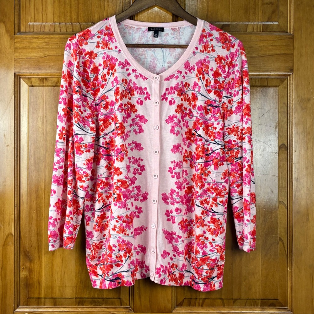 Talbots Womens XL Pink Red Cherry Blossom Floral Button Front Cardigan Sweater